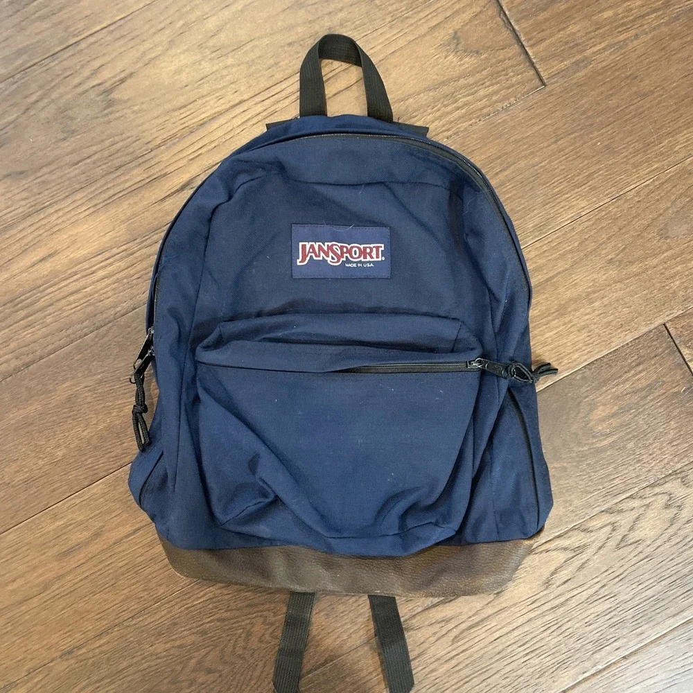 JANSPORT OG Classic Back Pack Navy‎ Blue Suede Leather Bottom